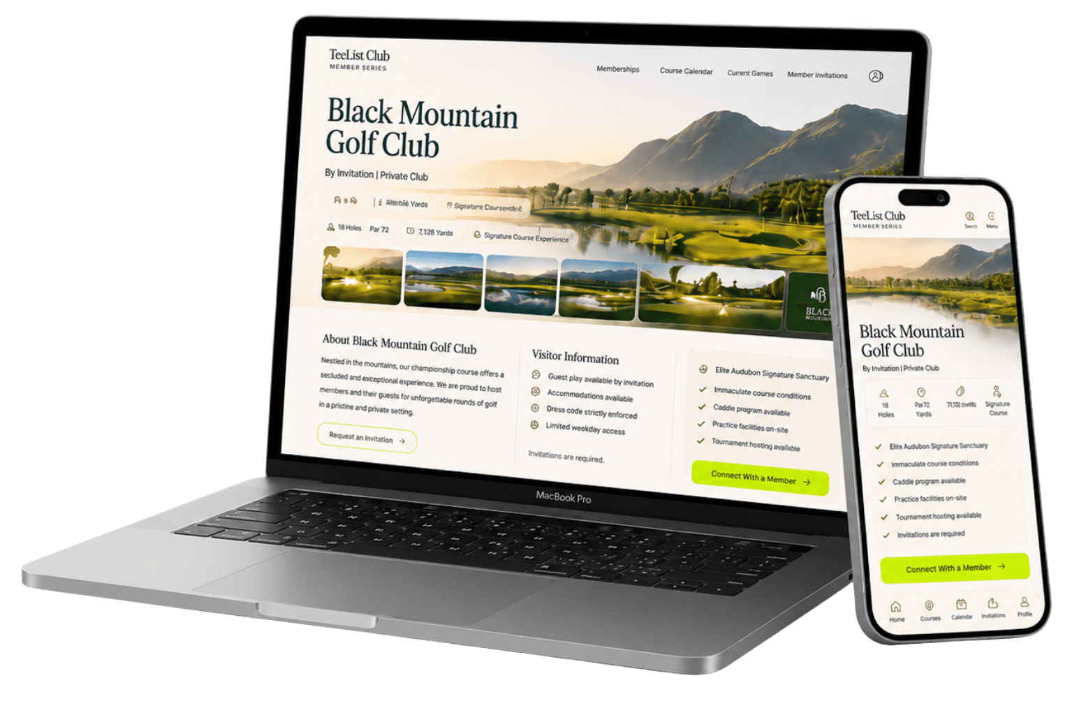 TeeListClub Black Mountain Golf Club profile displayed on a laptop and iPhone