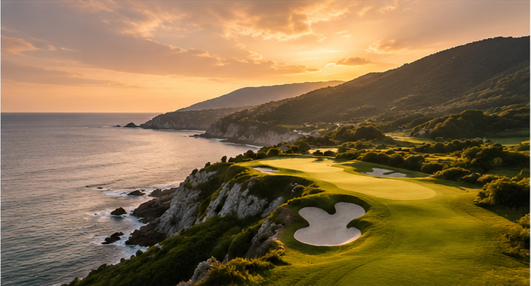 Coastal golf course overlooking the sea at golden hour