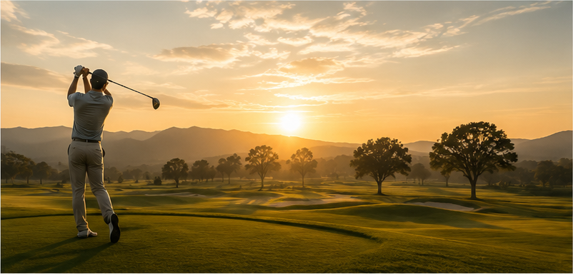 Golfer playing at sunrise on a scenic golf course